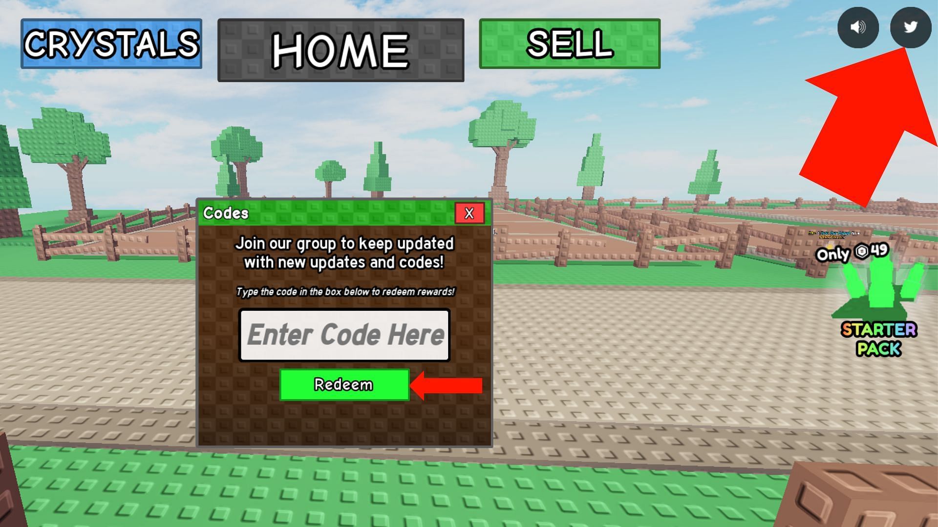 Click the bird icon to open the code redemption menu (Image via Roblox)